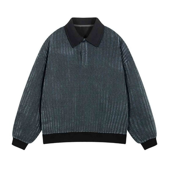 LNWUY Men's Patchwork Striped Jacquard Fashionable Relaxed-Fit Sporty Button-Up Long-Sleeve Collared Shirts Gray S
