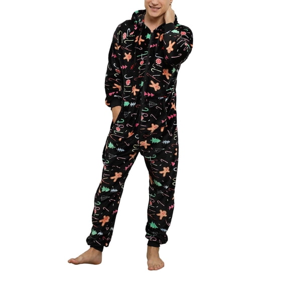 SWSMCLT Men's Plush Hooded Zip Up Onesie Pajamas Black Medium