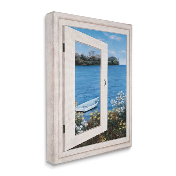 Stupell Industries Lakefront Window Charming Floral Island Boat,36 x 48,Designed by Diane Romanello