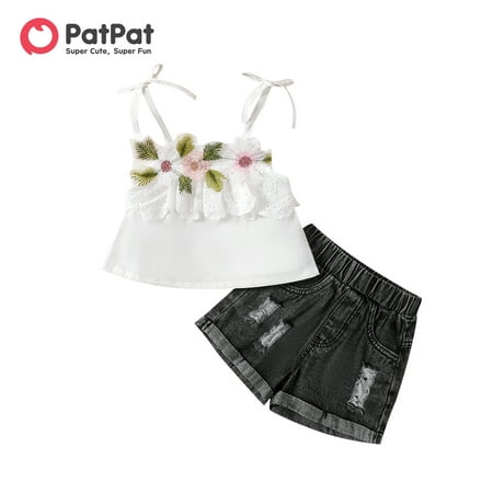 

PatPat 2pcs Baby Girl 100% Cotton Floral Design Cami Top and Ripped Denim Shorts Set