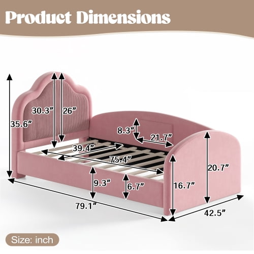 Twin Size Upholstered Kids Floor Bed with Curved Headboard, Safety Side Rails and Storage Pocket, Pink