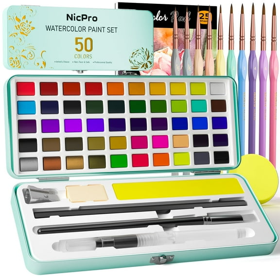 Nicpro 50 Colors Watercolor Paint Set, including Metallic & Fluorescent Color, 8PCS Pastel Detail Painting Brush, Water Color Paper, Palette, Art Supplies Kit with Gift Box