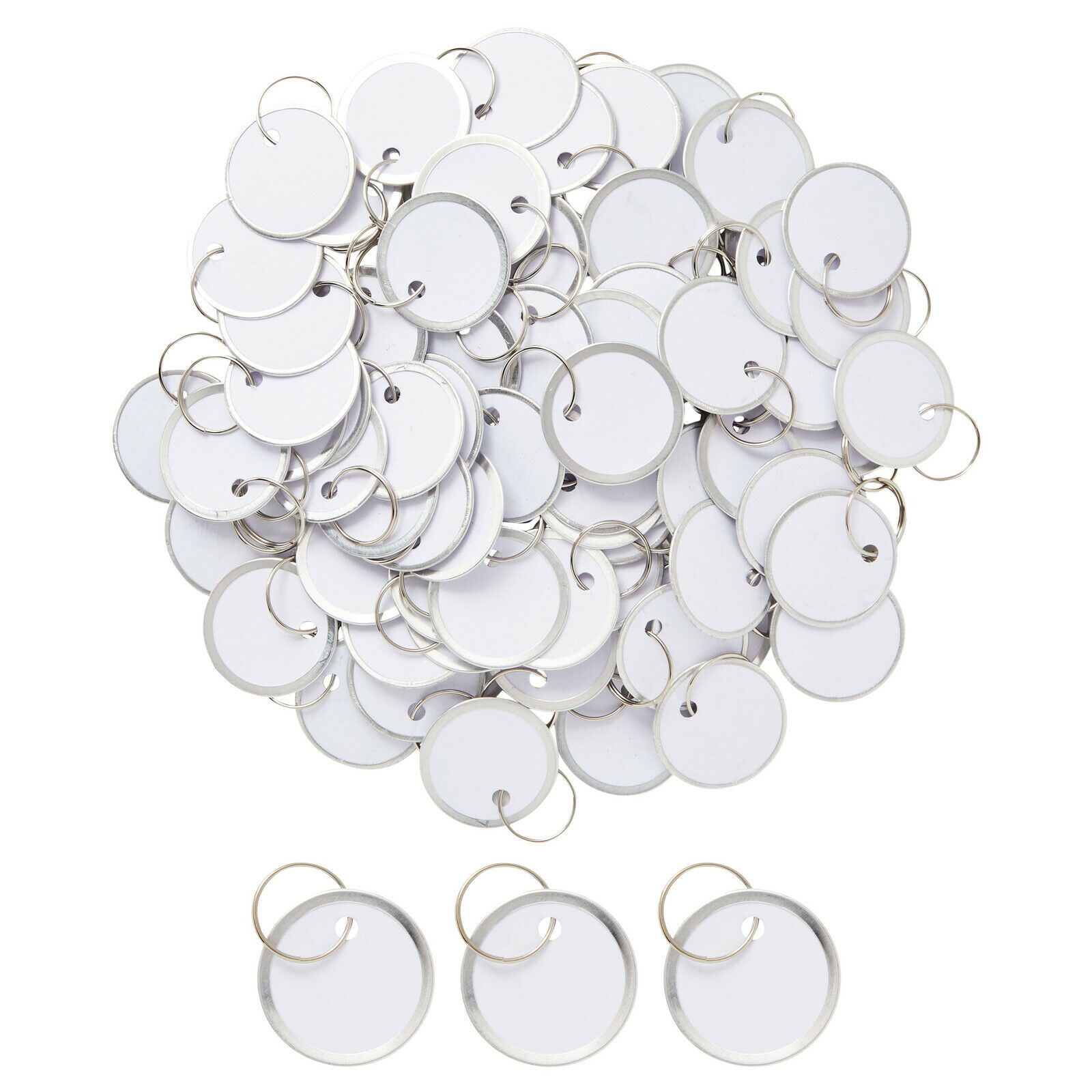 100 Pack Blank Paper Key Tags with Labels and Metal Rims, 1.2 in, White