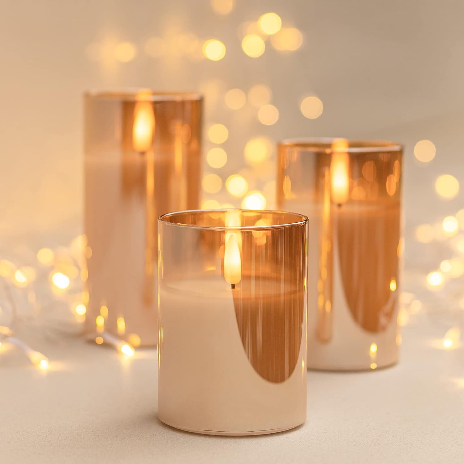 HearthHarmony Glass Flickering Flameless Candles with Remote, Battery Operated Candles with Timer, Fake LED Pillar Candles for Home Fireplace Mantle Bathroom Decor, Gold