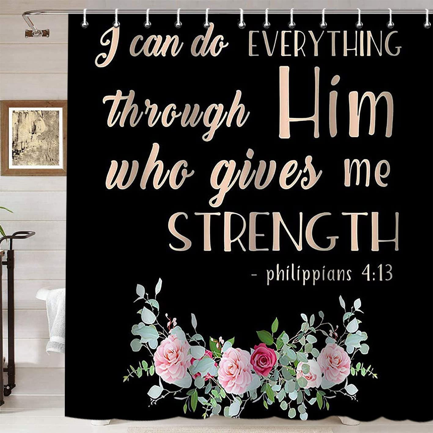 Inspirational Quotes Shower Curtain, Watercolor Pink Flower Bouquet