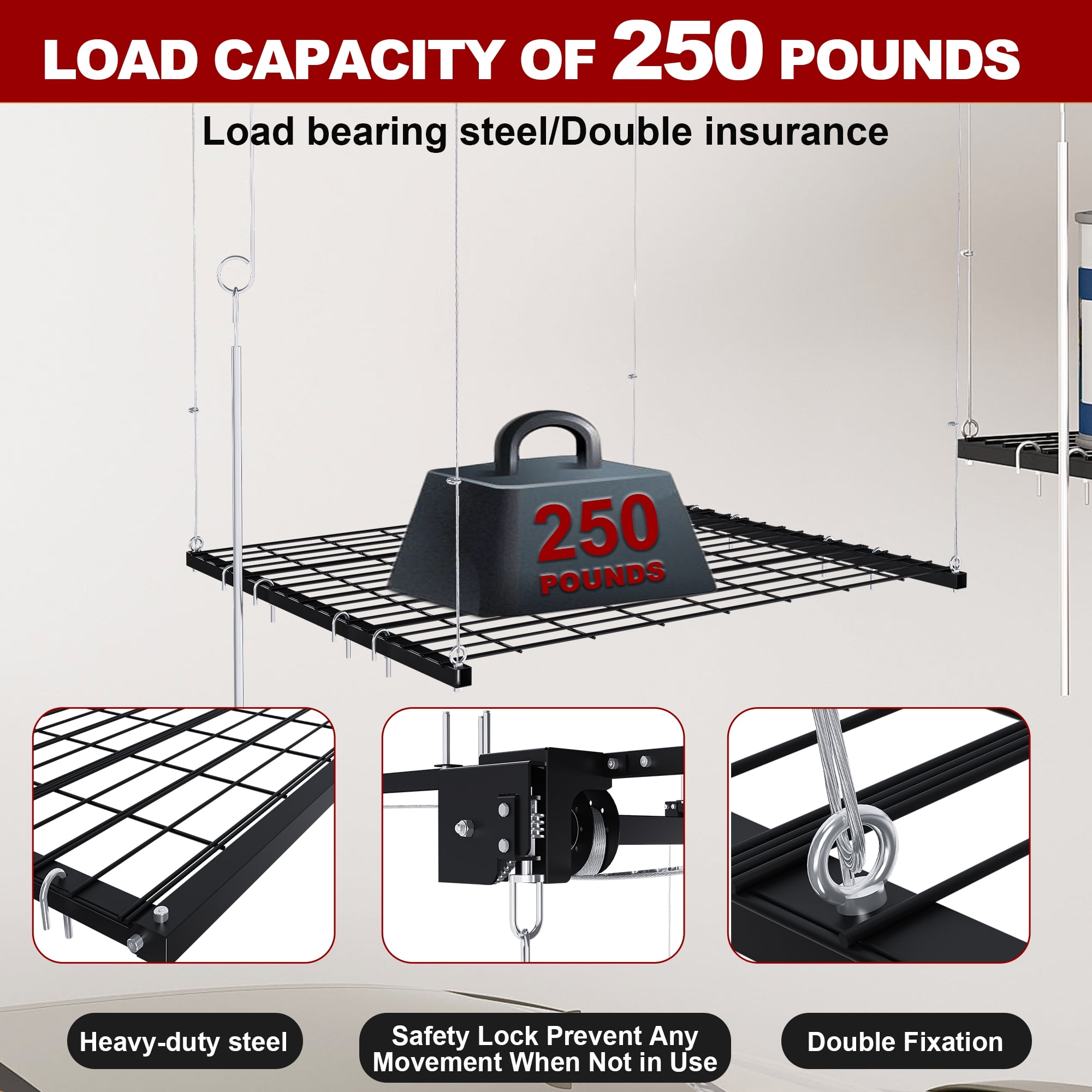 Aukfa 4x4 ft Ceiling Mounted Garage Storage Rack with Crank-Down System, 250 lbs Heavy Duty Overhead Storage Lift for Tires & Tools, Black