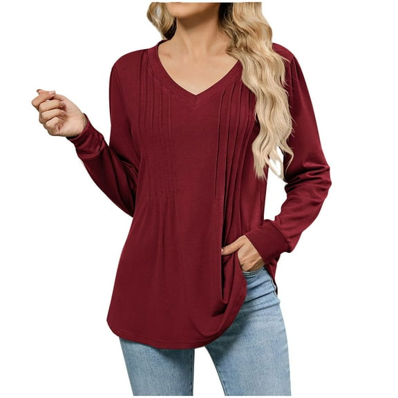 Ohufall Blouses for Women Fashion Pleated Long Sleeve Shirts Solid Casual V-neck Tunic Tops Womens Lightweight Loose Dressy Shirts