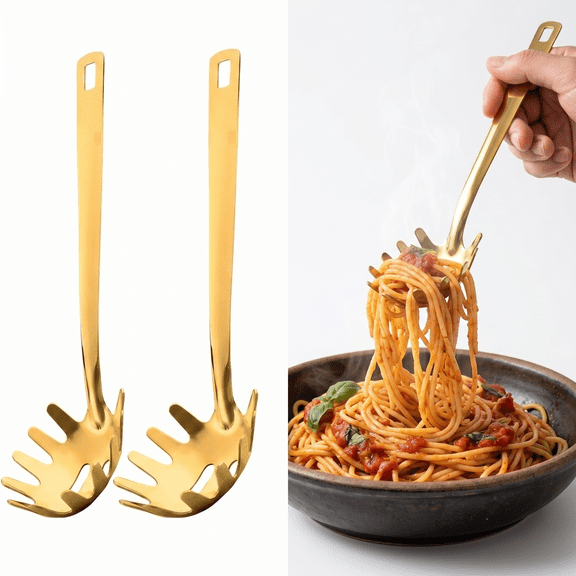 MoHern 2pcs Gold Stainless Steel Pasta Fork Spoons, Heavy Duty Spaghetti Server with Long Handle, Kitchen Cooking Utensils for Noodles, Pasta and Serving