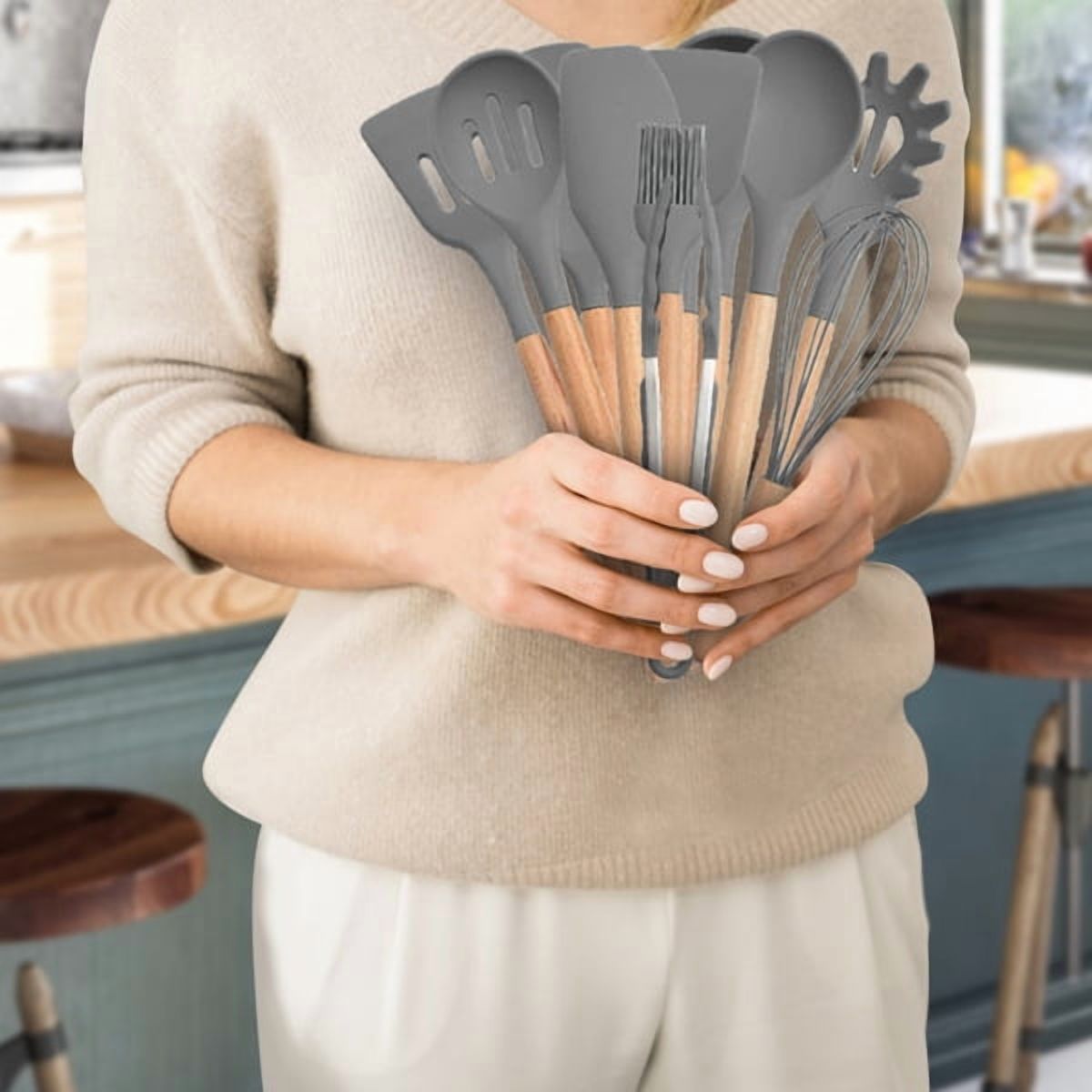 11Pcs Silicone Cooking Utensil Set Heat Resist Wooden Handle Silicone Spatula Ladle Spaghetti Server Tongs Spoon Egg whisk Kitchenware Set w/ Holder Grey