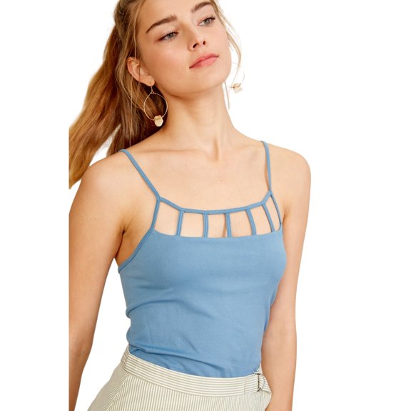 PacificPlex Womens Caged Neckline Spaghetti Strap Seamless Cami Tank Top (S, Blue)