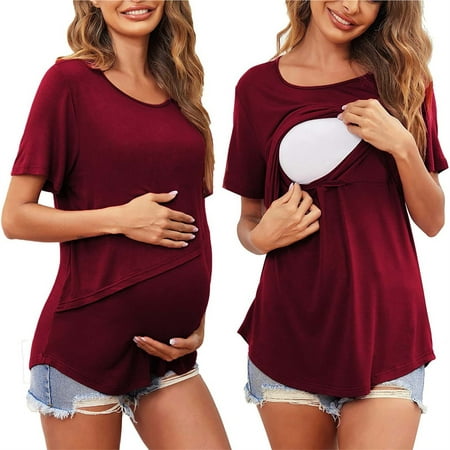 

SHENGXINY Casual Maternity Clothes Women s Nursing Tops For Breastfeeding Tee Shirts Solid Color Soft Double Layer Short Sleeve Pregnancy T Shirt Summer