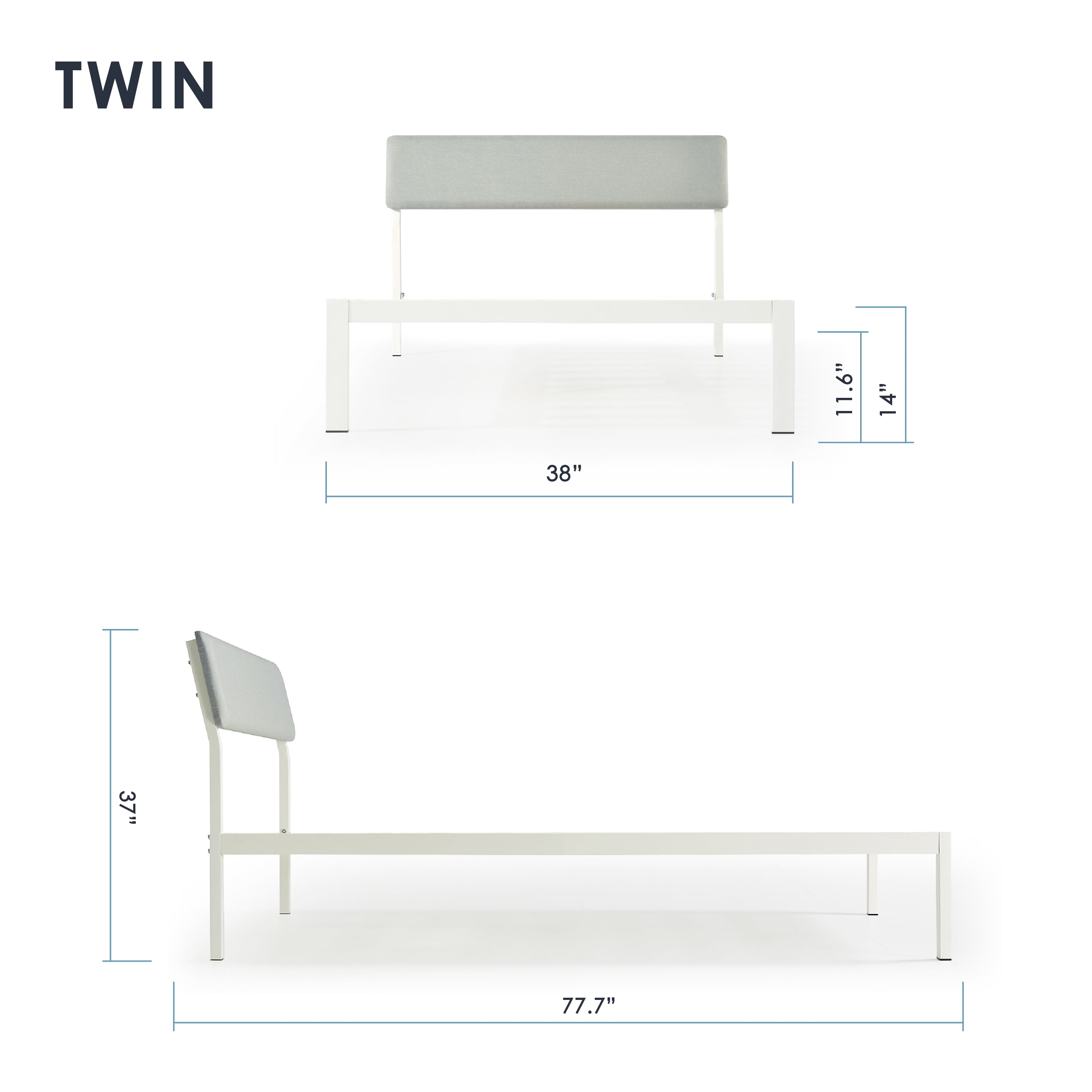 Mellow Kera Metal Platform Bed with Angled Upholstered Headboard, Solid Wooden Slats, Sky Gray, Twin