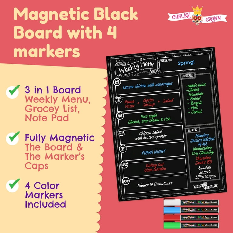 Magnetic Menu Board for Kitchen with Vibrant Neon Chalk Markers- 16x12 -  Dry Erase Weekly Meal Planner
