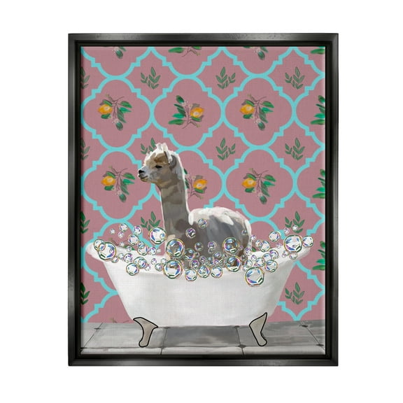 Stupell Industries Bathing Llama in Bathroom Animals & Insects Painting Black Floater Framed Art Print Wall Art, 17 x 21