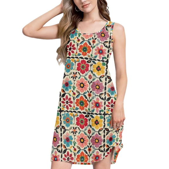 FORMRS Summer Dress for Women Loose U Neck Sleeveless Midi Beach Sundresses with Pockets, Colorful Flowers