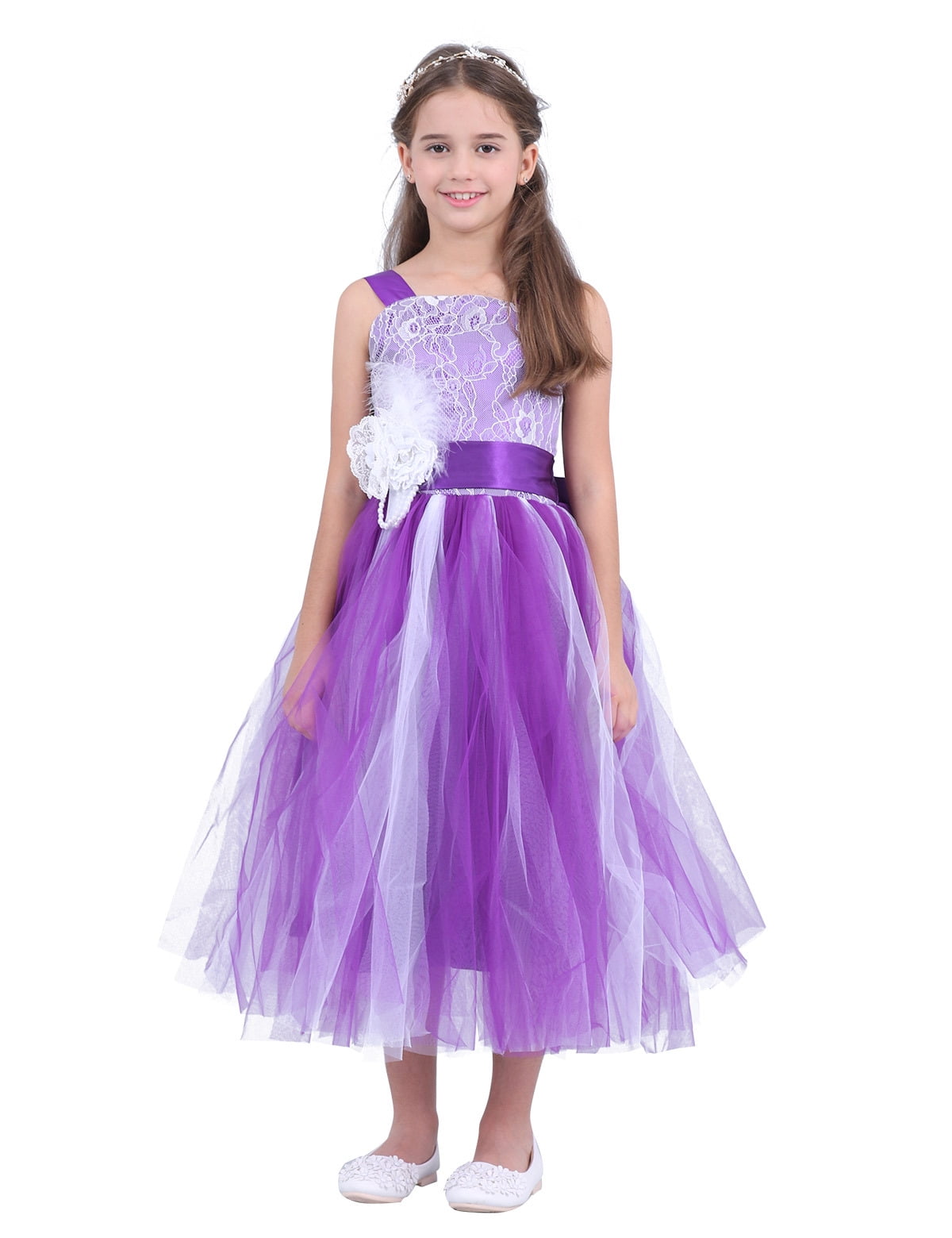 iEFiEL Little Big Girls Cross Back Flower Girl Dress Wedding Tulle ...