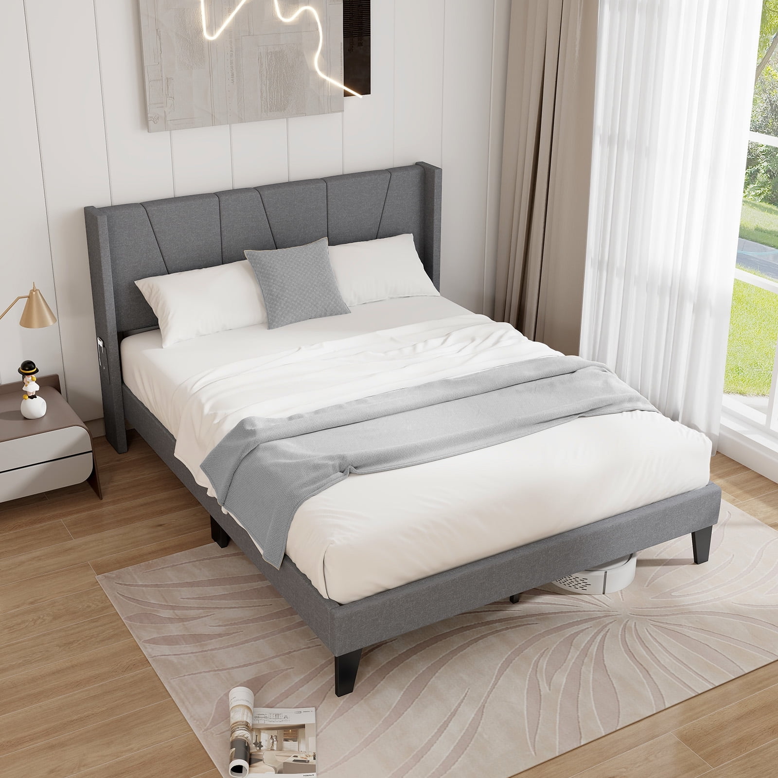 Infans Queen Size Upholstered Bed Frame with Elastic Pockets Mattress Foundation Gray