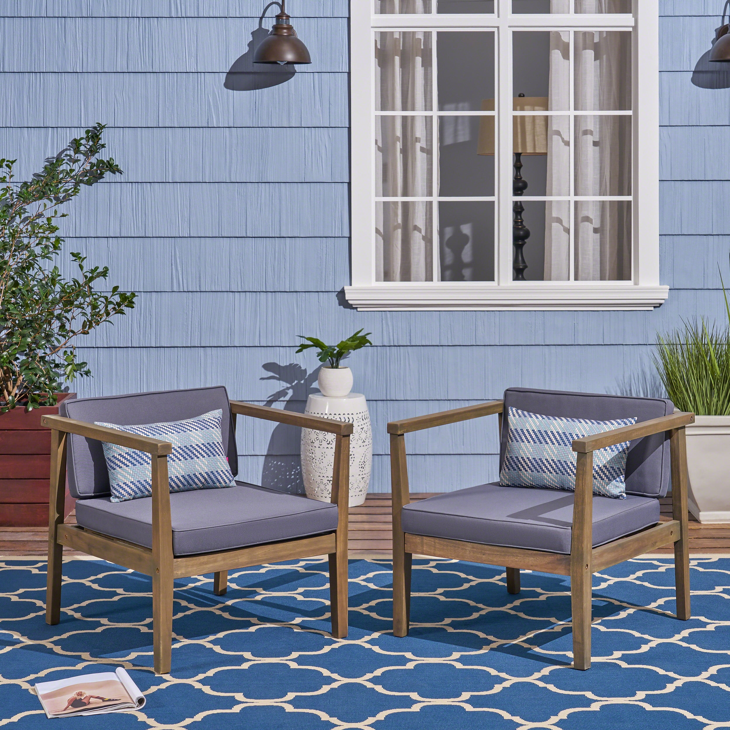 Outdoor Acacia Wood Club Chair Set of 2, Leisure Single Seats for Patio Garden, Gray and Dark Gray