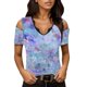 thumbnail image 1 of Gibobby Camiseta Powerblend con Cuello en V Manga corta con hombros descubiertos y cordón con cuello en V estampado colorido único para mujer(Azul,G), 1 of 5