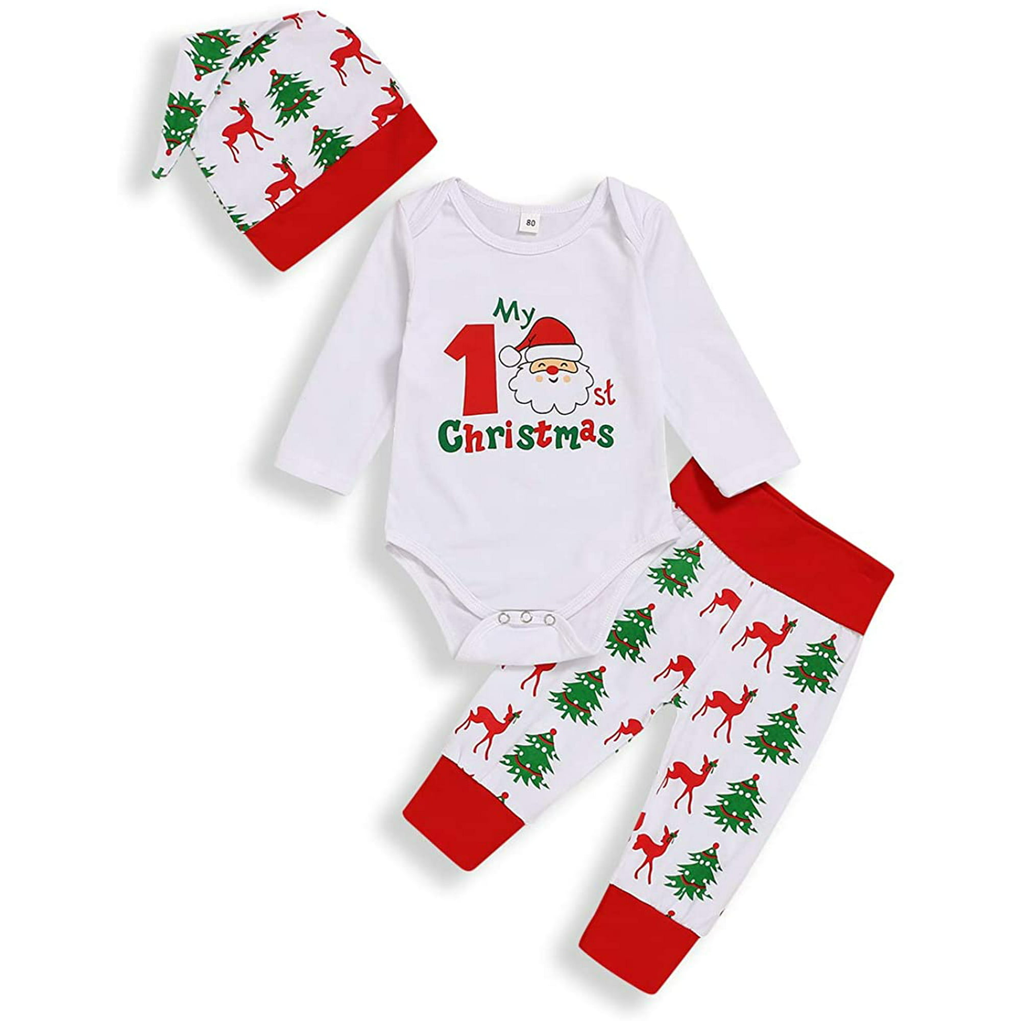 My First Christmas Outfit Newborn Baby Boys Girls Rompers +Pant +