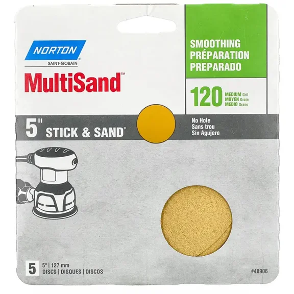 5" Norton 48906 MultiSand Stick & Sand No-Hole PSA Sanding Disc P120-Grit, 5-Pack