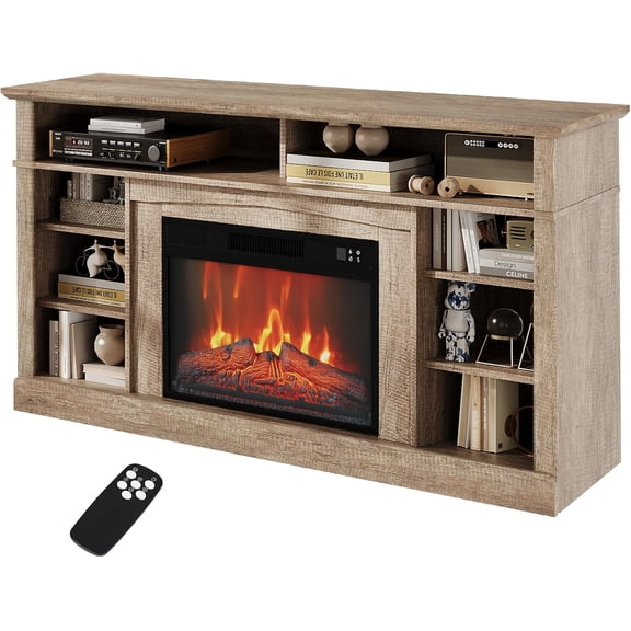 Homhougo Electric Fireplace TV Stand for Television up to 58", Entertainment Center with 23" LED Fireplace Heater 1400W, Storage Cabinet and Open Shelves for Living Room, Remote Control, Brown
