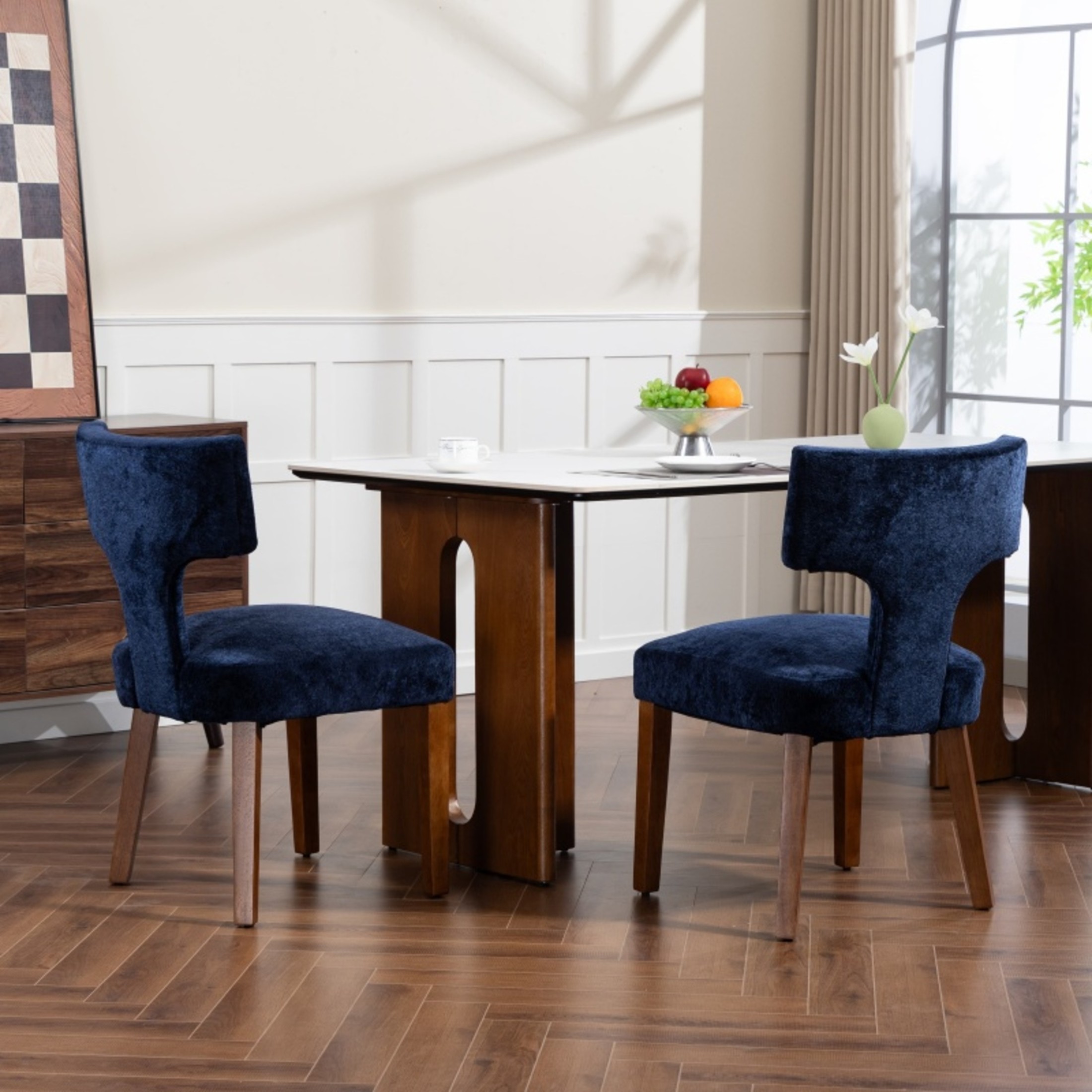 Noble House Mid-Century Fabric Upholstered Dining Chairs, Solid Wood Frame, Set of 2, Blue