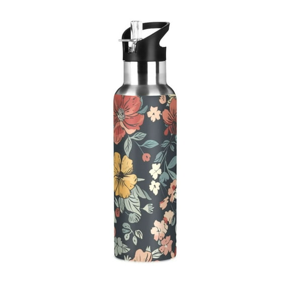 ALAZA Ethnic Flowers Paint Water Bottle Insulated Flask Stainless Steel Straw Lid 20 oz