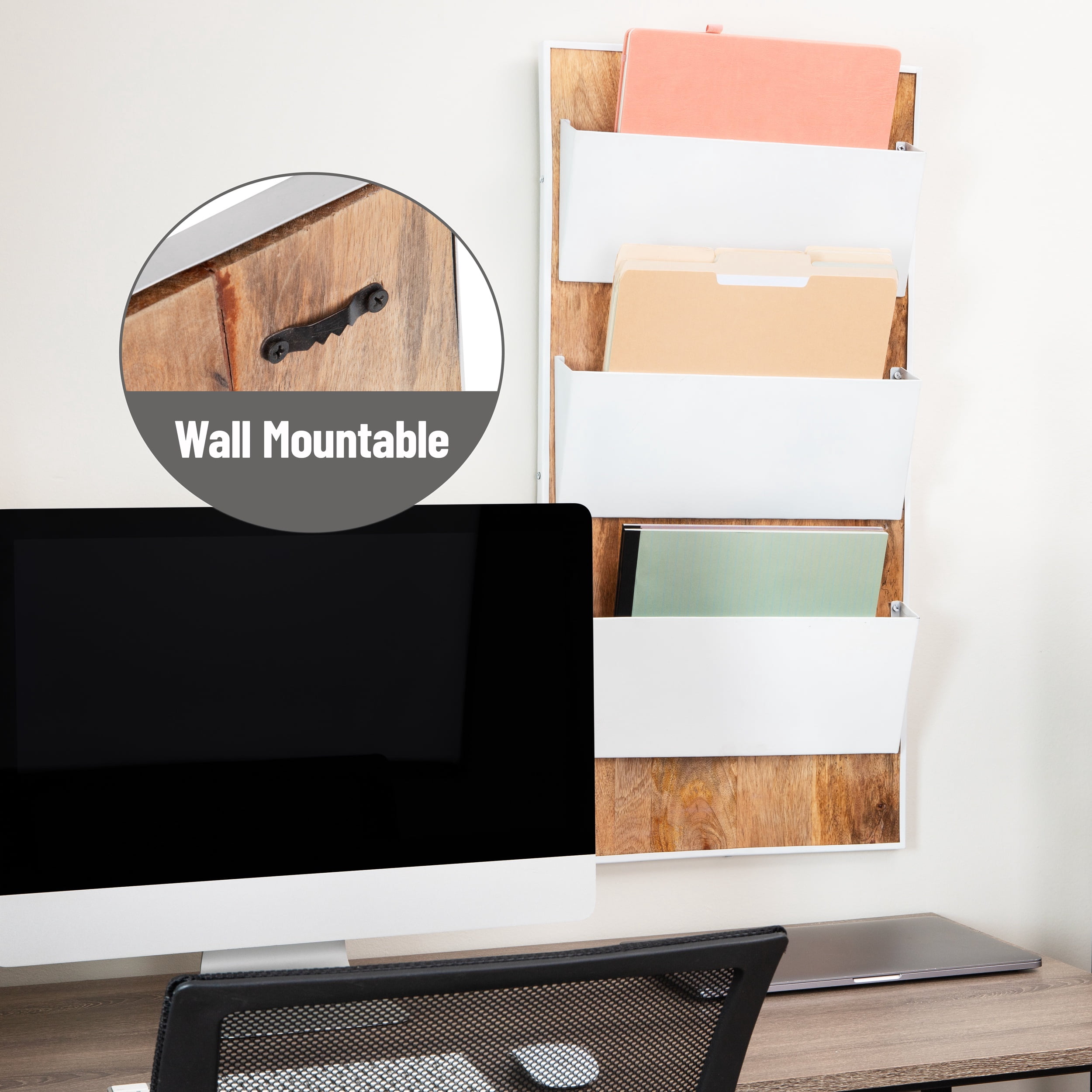 Mind Reader 3-Tier Wall-Mounted File Organizer, Wood and Metal Vertical Rack for Mail, Magazines, and Documents, Metal, Wood, White