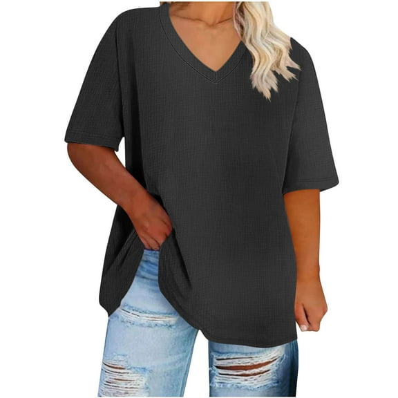 Womens Oversized T Shirts, Plus Size Tops for Women Summer Casual Loose Fit Solid Color V Neck Short Sleeve Shirts