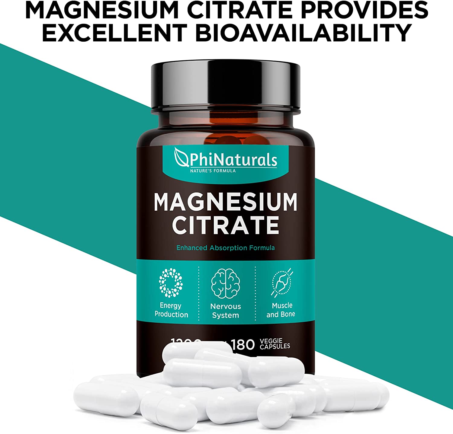 Magnesium Citrate Powder Capsules 400mg - 180 Count Veg Caps - PhiNaturals Supplements - Nervous System Support* and Enzyme Function*