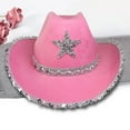 thumbnail image 5 of Western Cowboy Hat, Women Girls Fedoras Caps, Sun Hats, Wide Brim Sequin Star, Pink, 5 of 6