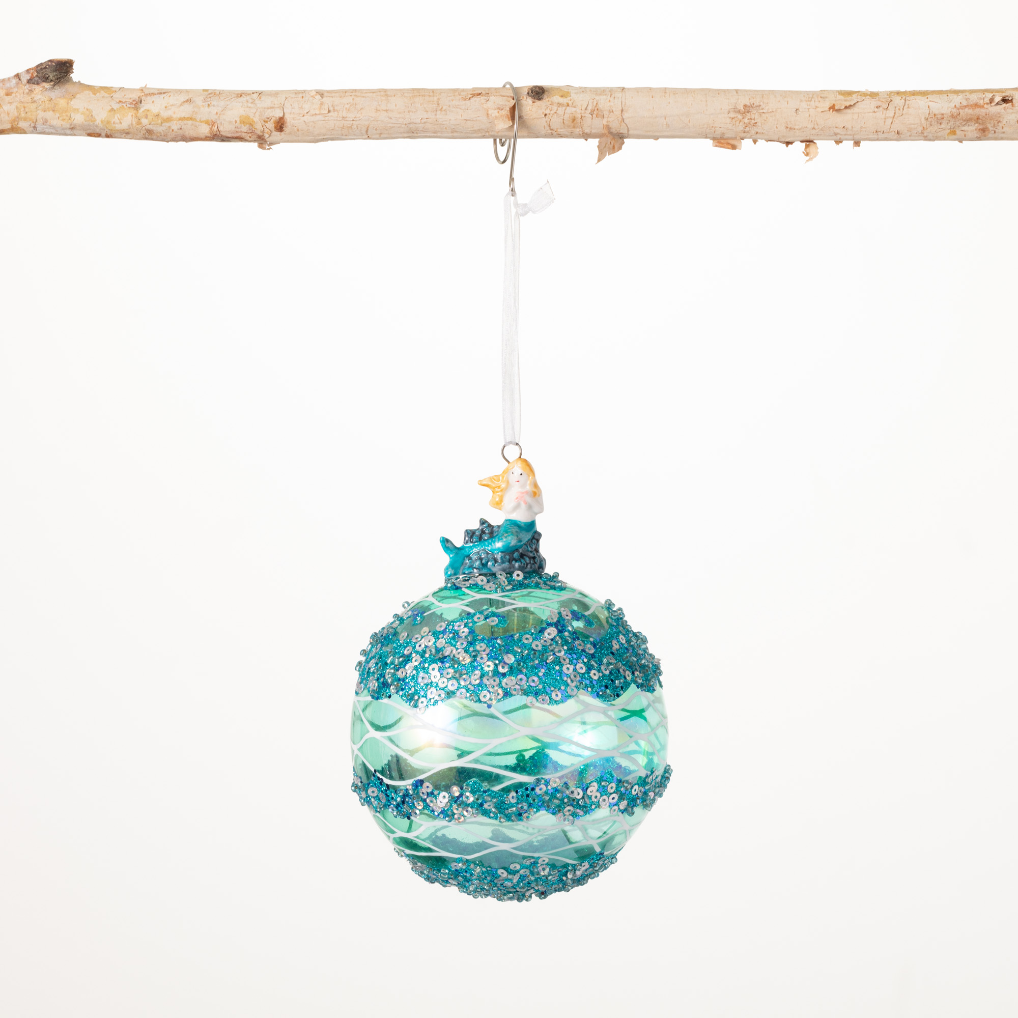 Ornate Mermaid Finial Ornament Blue 5"H Glass