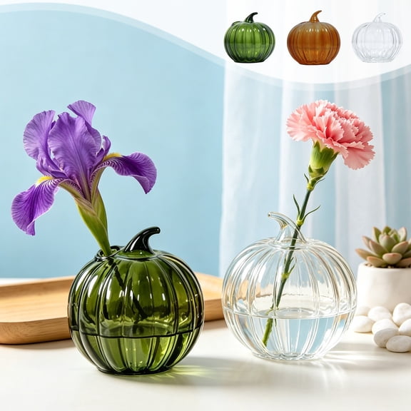 Aaihamo 3Pcs Glass Pumpkin Vase, Decorative Hydroponic Pumpkin Flower Vase, Clear Small Glass Vase for Centerpiece Home Living Room Office Wedding Decoration