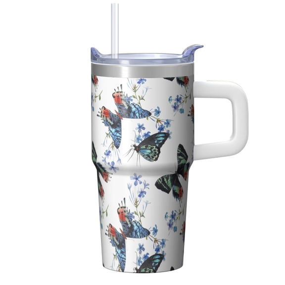 20OZ Travel Tumbler with Handle Straw Leak Proof Lid Insulated Stainless Steel Mug Double Wall Vacuum Design Keeps Cold for 34 Hours Portable Cup Holder Fit Reusable Drinkware Butterfly Pattern