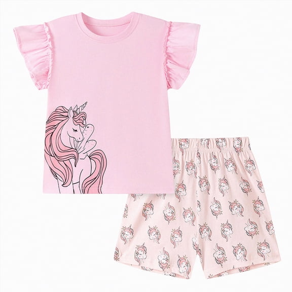 NIEWTR Toddler Girl Clothes Summer Short Sleeve Figure Graphic Tee Shirt Shorts Summer Outfits Set Cute Infant Outfits(Pink,3-4 Years)