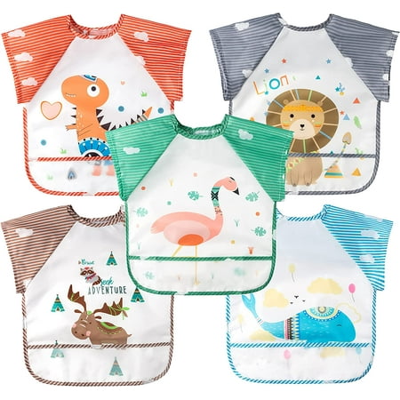 

QWZNDZGR 5Pcs Short Sleeved Bib for Baby Toddlers Waterproof Sleeved Bib with Pocket Animal Infants Feeding Bib for 0-36 Month