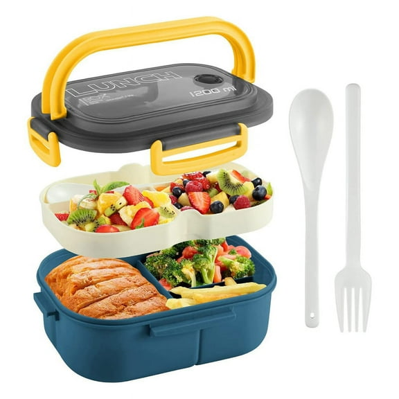Bento Box Adult Lunch Box, 1200ML Double Layer Lunch Box with Spoon & Fork High Capacity Food Containers, Leakproof