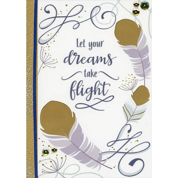 Designer Greetings Gold Foil Tipped Feathers, Sequins, Blue Ribbon : Dreams Take Flight College Graduation Congratulations Card