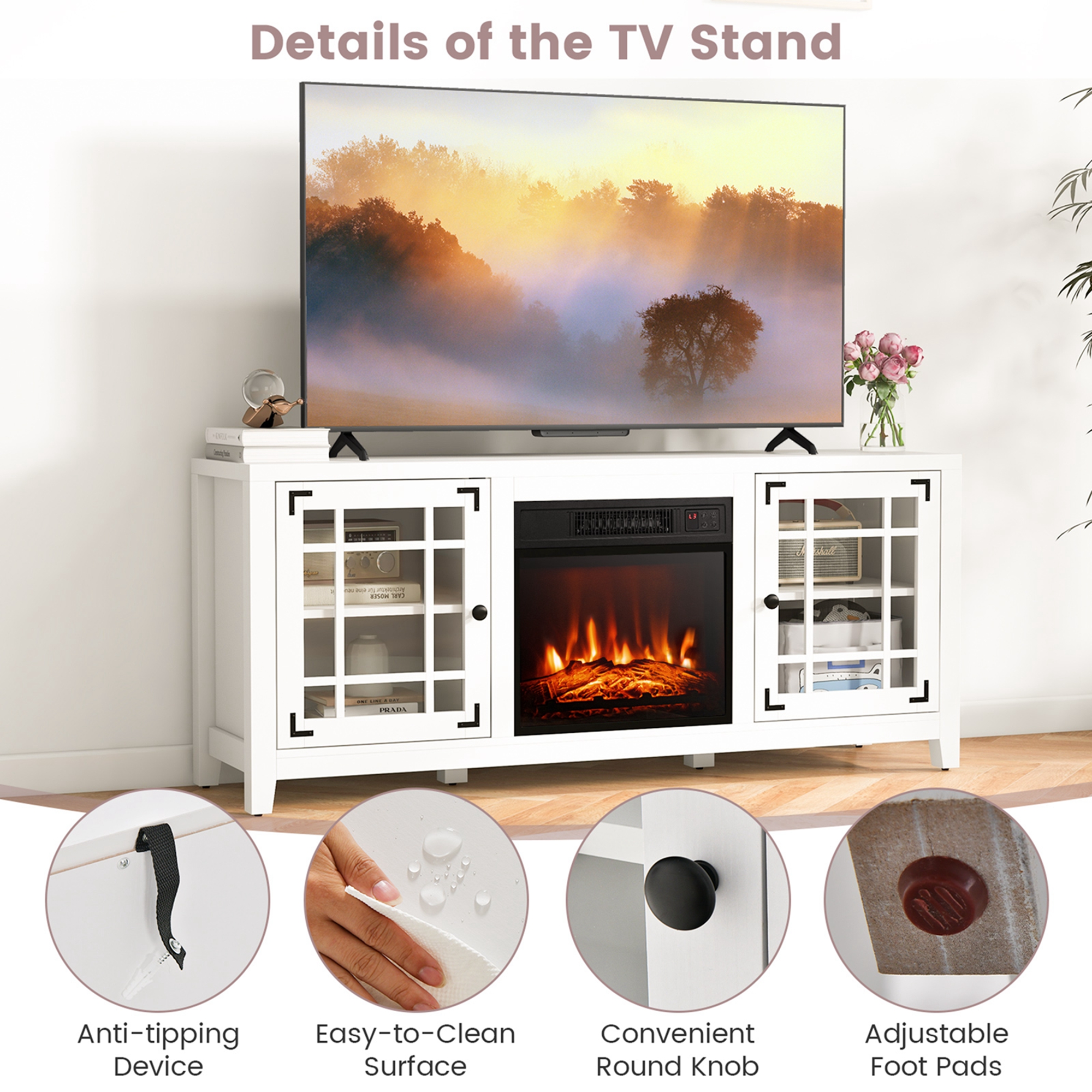 Costway 58 Inches Fireplace TV Stand for TVs up to 65 Inches with 1400W Electric Fireplace White