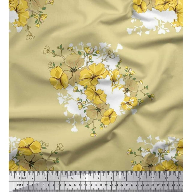 Soimoi polyester Crepe Fabric Leaves & Wild Flower Floral Fabric Prints By Yard 42 Inch Wide