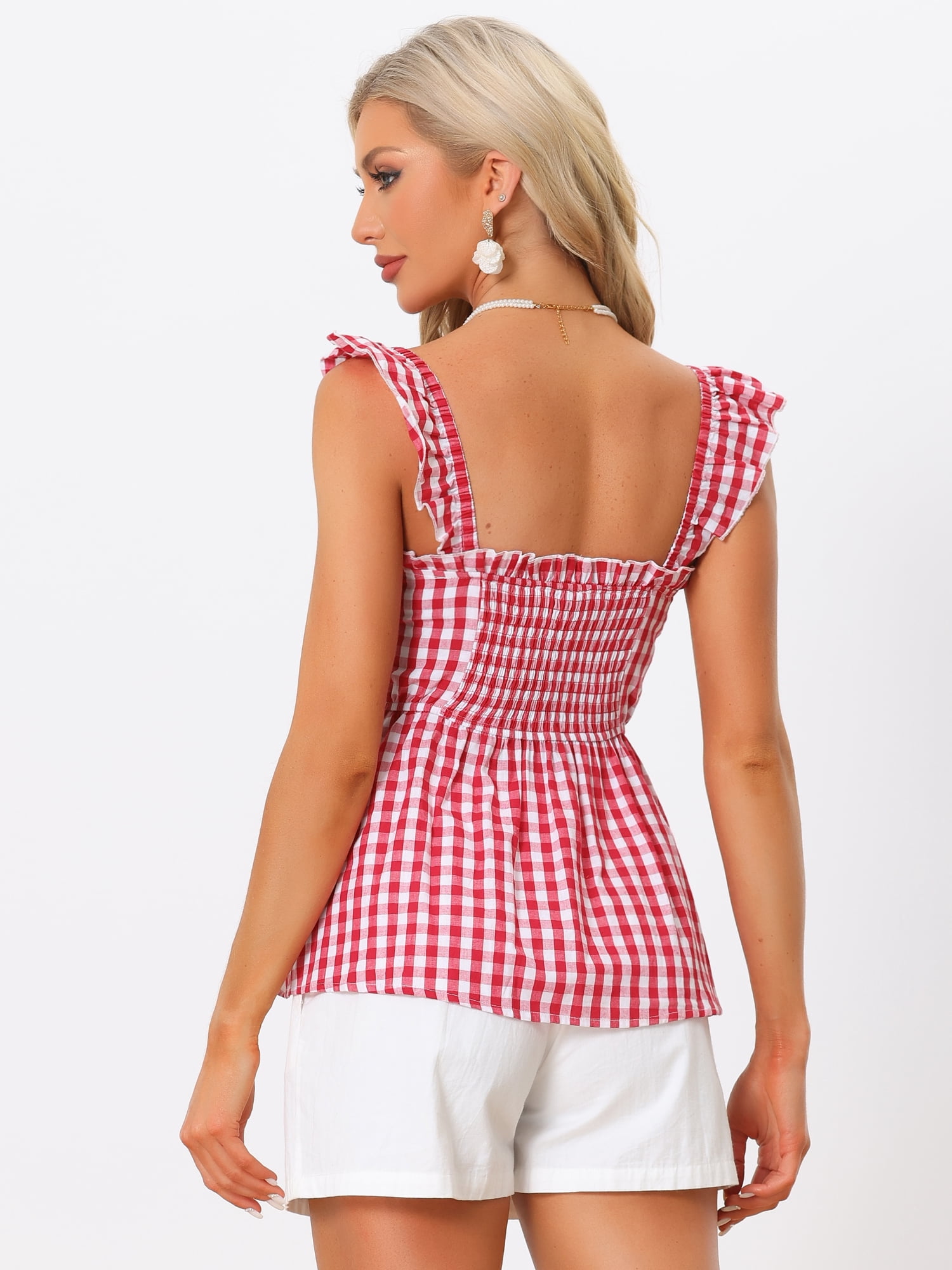 DARING DIVA Women's Gingham Peplum Square Neck Sleeveless Plaid Blouse M Red