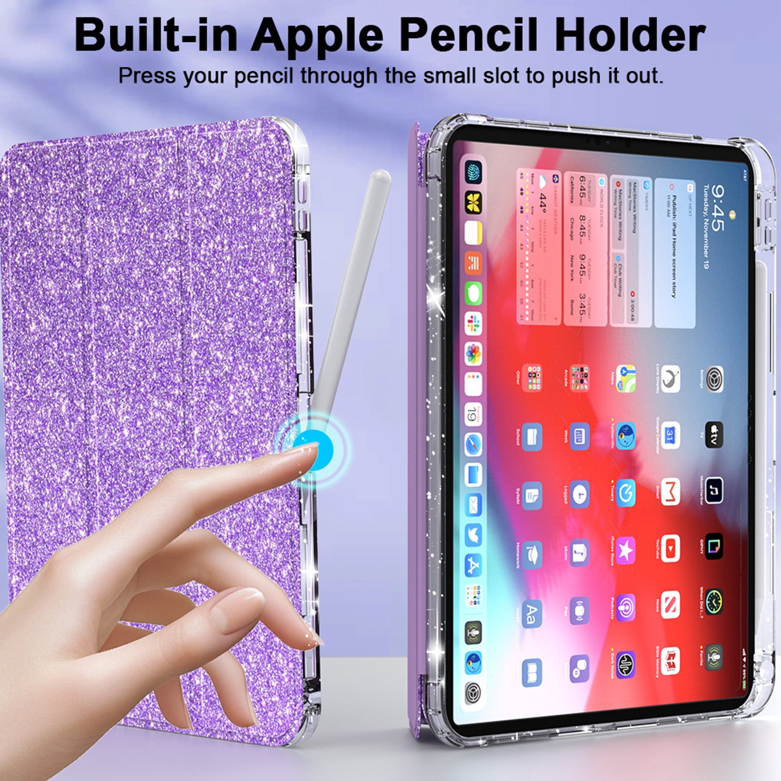 ELEHOLD Glitter Case for  iPad 9th/8th/7th Generation with Pencil Holder,  Auto Sleep/Wake Magnetic Stand Cover, Sparkly Clear Back Shell with Tri-Fold Stand , Purple