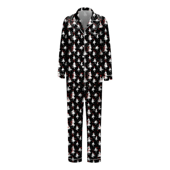 Huowey Christmas Family Silk Pajamas Matching Sets Long Sleeve Button Down Cute Tree Print Loungewear Lightweight Soft Comfortable Holiday Sleepwear For Mom,Black,L