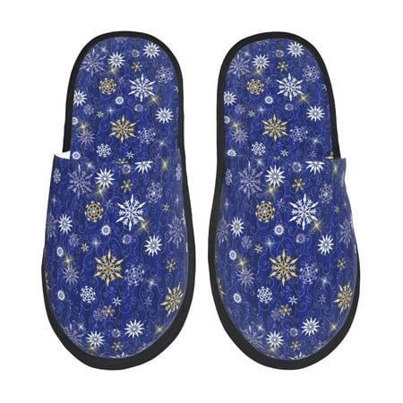 Balery Golden Snowflakes Royal Blue Slient Indoor Furry Fleece Comfort House Shoes Soft Non-Slip Home Shoes Cotton slippers House Slippers-- Large
