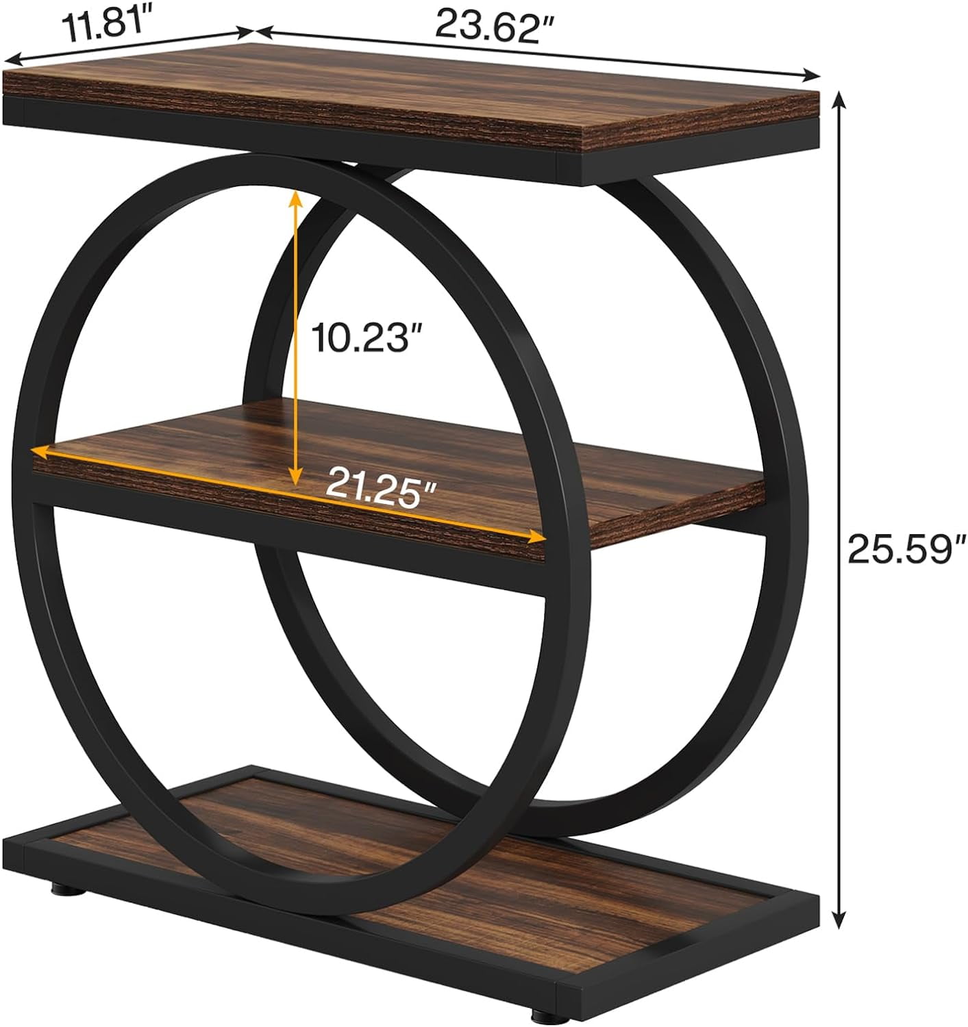 Tribesigns End Table, Wood Side Table with Black Metal Frames, Narrow End Table with 3 Storage Shelves for Living Room