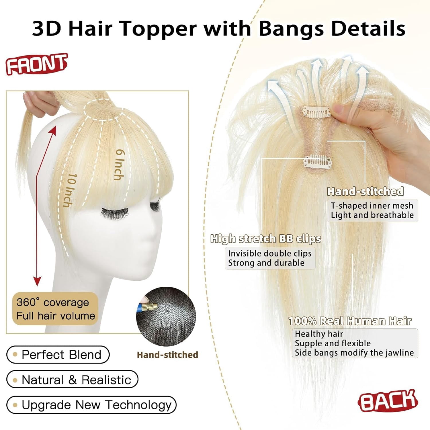 Clip On Bangs for Women Human Hair, Natural Clip-on Partial Bangs, Breathable Human Hairs Toppers, Hair Pieces for Women with Thinning Hair (Brown)