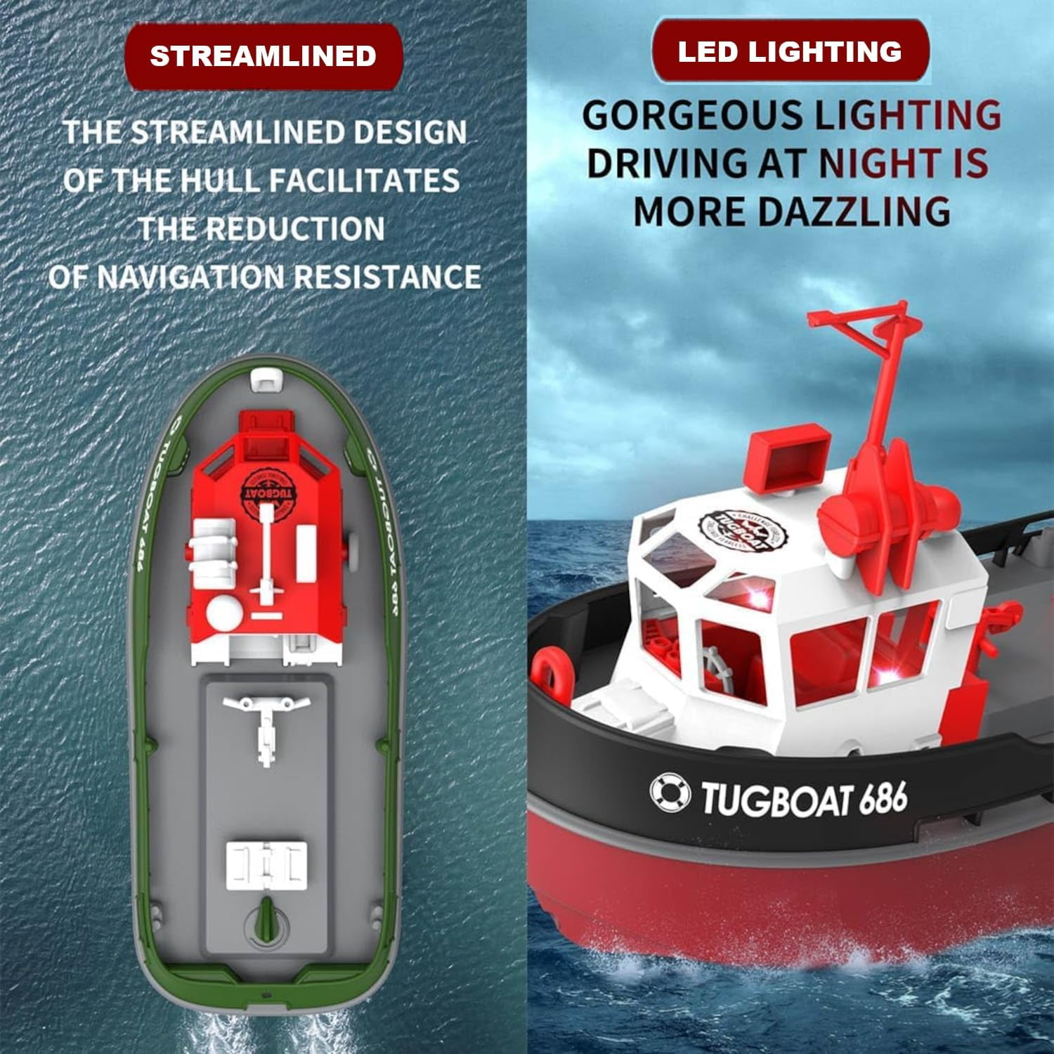 <new_title>POCO DIVO Cartoon Tugboat RC Boat Harbor Work Ship 2.4Ghz Radio Remote Control LED Night Sailing</new_title>