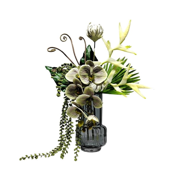 Simulación de arreglo verde for sala de estar, mesa de comedor, mesa de centro, centros de mesa, ramo de flores artificiales de lujo, florero de vidrio
