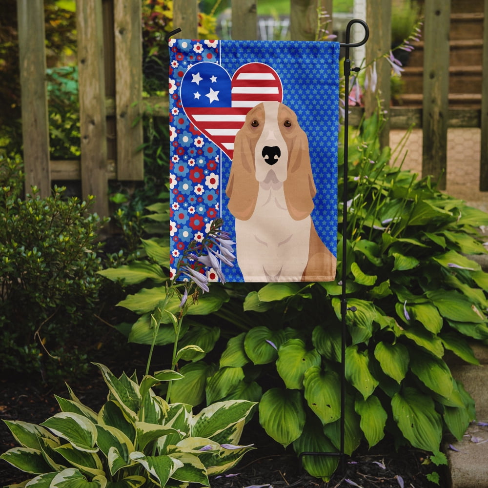 Lemon and White Tricolor Basset Hound USA American Flag Garden Size